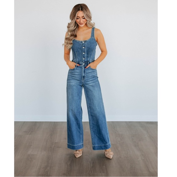 Hidden Denim - High-Rise Wide Leg Denim Jumpsuit - Blue